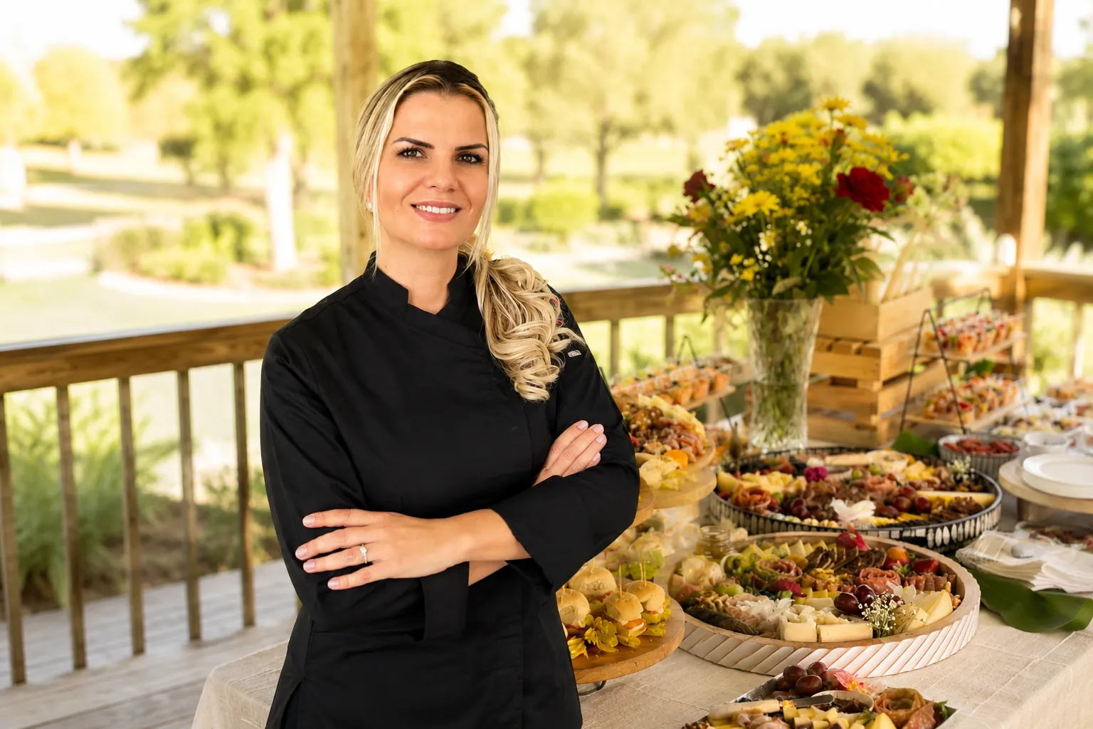 Chef Regina Nunes beside a charcuterie table set up for an event